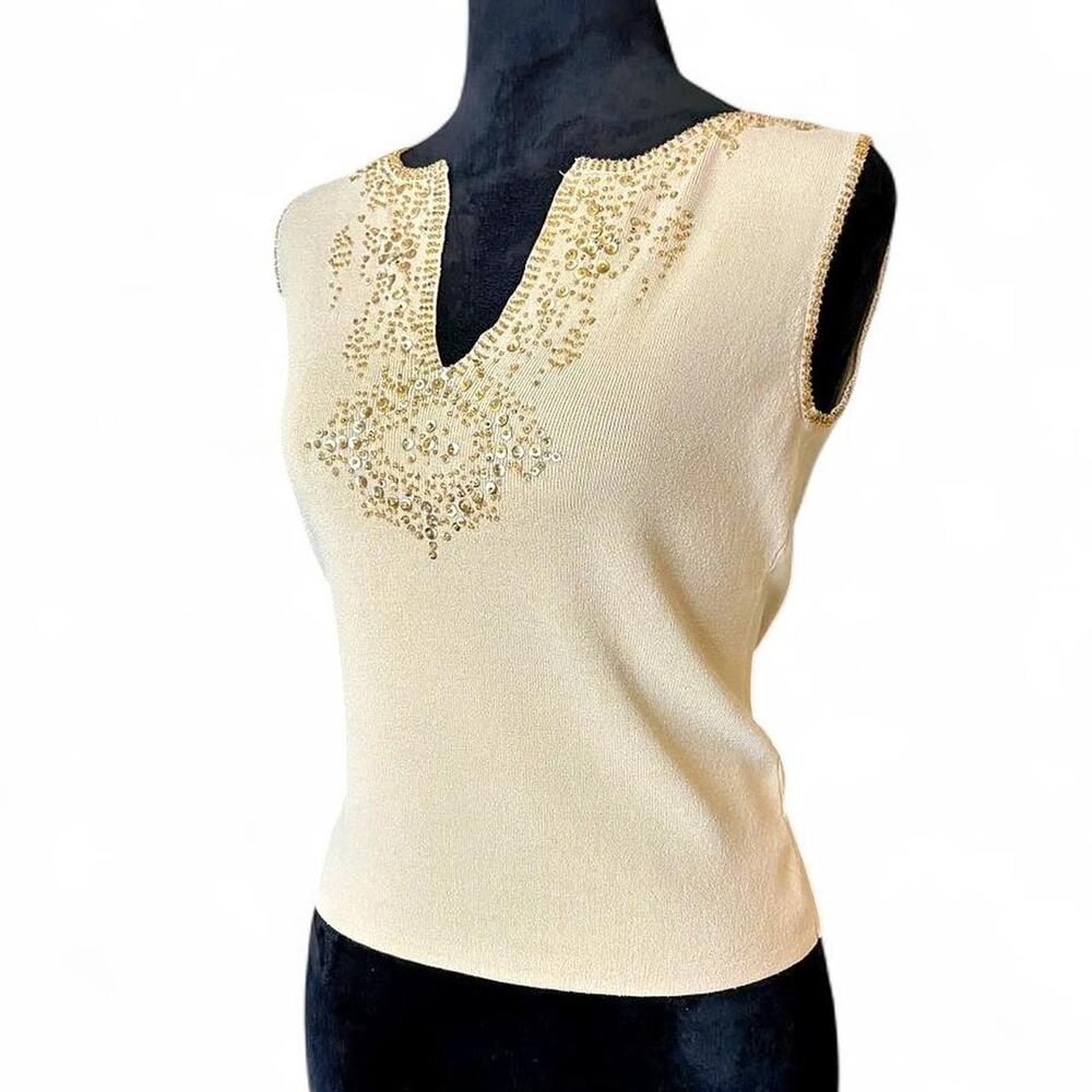 Vintage Joseph A. Beaded Knit Tank – Cream Boho Embellished Top M